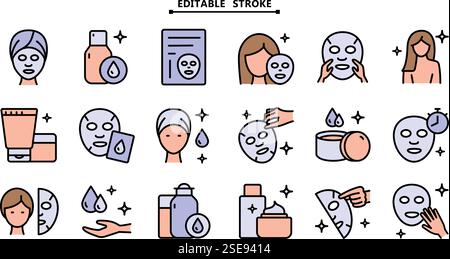 Face, beauty, health, woman, healthy, mask, cleansing concept. Editable stroke. Aesthetic cosmetology color icons, vector pictogram of shiny skin, ant Stock Vector