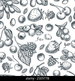 Berries seamless pattern. Vector hand drawn sketch illustration of raspberry, blueberry, strawberry, cranberry, cherry. Farm fruits label package back Stock Vector