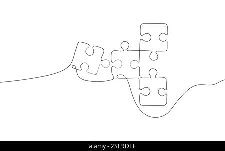 puzzle icon in a continuous one-line drawing style. A minimalist and abstract concept representing problem-solving, teamwork, Stock Vector