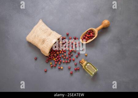 Glass bottle of juniper essential oil with dried juniper berries in wooden spoon on rustic table (juniperus) Stock Photo