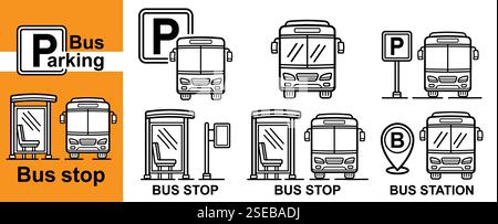 Bus stop auto parking station place, autobus public passenger transport shelter road sign, coach transportation park zone, shuttle  waiting line icon Stock Vector