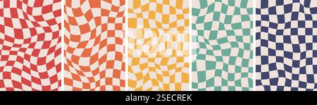 Groovy Checkered Background set. Retro Twisted Templates. Waves Trippy Grid. Trendy Hippie aesthetic psychedelic 1970s style Stock Vector