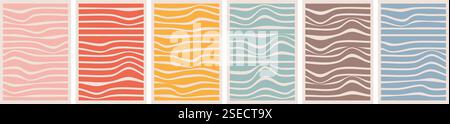 Groovy Hippie Wave Stripe Background. Retro Distorted uneven stripes. Waves Trippy Hand drawn templates collection. Isolated Trendy Twisted Striped ae Stock Vector