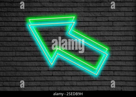 Bright neon arrow-shaped pointer on brick wall Stock Photo