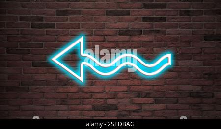Bright neon arrow-shaped pointer on brick wall Stock Photo