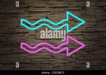 Bright neon arrow-shaped pointer on stone wall Stock Photo