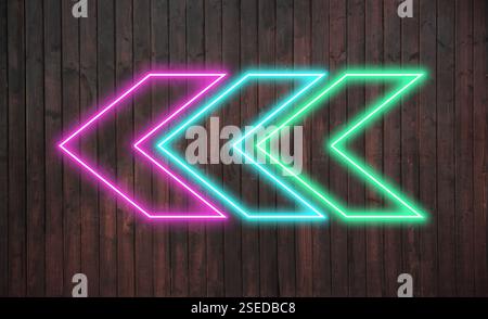 Bright neon arrow-shaped pointer on wooden wall Stock Photo