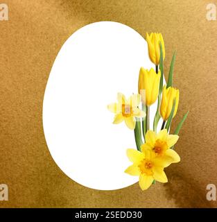 Happy Easter greeting card. Egg-shaped outline with beautiful spring flowers on golden watercolor background Stock Photo
