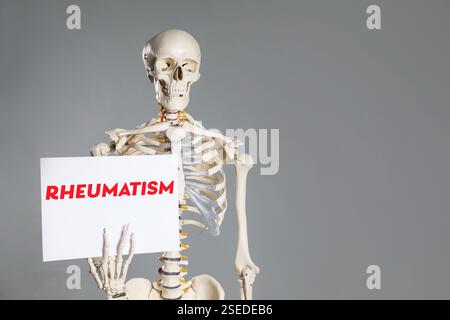 Rheumatism. Artificial human skeleton model holding paper with word on grey background, space for text Stock Photo