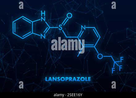Lansoprazole Molecular Structure with Connecting Lines on Dark Background Stock Vector
