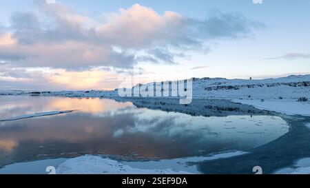 Aerial view of a winter landscape along the Hvitá (White River) in southwest Iceland Stock Photo