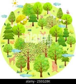 bush and animals including foxes ,bear , deer, birds etc...and eco environment green field vector illustration icons set Stock Vector
