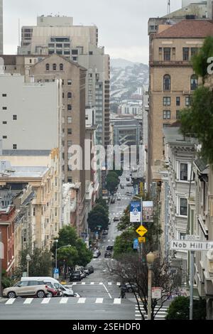 Street scene on Nob Hill, San Francisco.  Cars and pedestrians on a city street, looking down from a high vantage point. Stock Photo