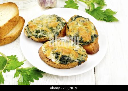 Hot sandwiches with nettles and cheese on slices of wheat bread in a plate, garlic on the background of a light wooden board Stock Photo