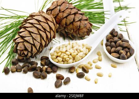 Pine nuts in two spoons, two cedar cones and green branches on a wooden board background Stock Photo