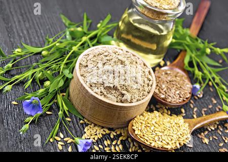 Flaxseed flour in a bowl, white and brown seeds in two spoons and on table, leaves and blue flax flowers, oil in a glass jar on dark wooden board back Stock Photo