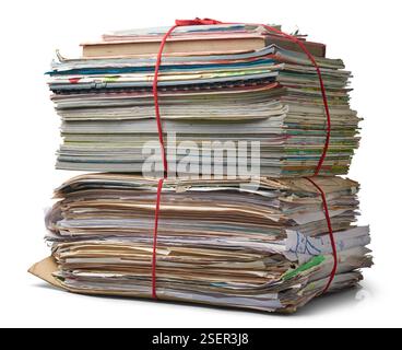 stack of books, pile of old used books and papers tied together isolated white background, large collection of textbooks or notebooks, educational Stock Photo