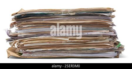 stack of documents, pile of old used disorganized papers stored isolated white background, disorganization or messy arrangement, backlog of paperwork Stock Photo