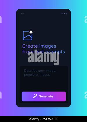 Generate image with artificial intelligence generative AI user interface application mobile smartphone app create graphic art from text prompt button Stock Vector
