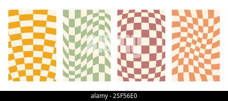 Groovy distorted checkered background set. Hand drawn groovy, hippie backgrounds. Distorted checker, warped streaks, fluid liquid wavy lines, doodle Stock Vector