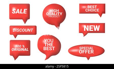 3D speech bubbles different shapes message icon. Red color with text square and round. For social media advertising posters. Vector isolated set. Stock Vector