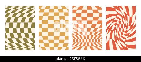Groovy distorted checkered background set. Hand drawn groovy, hippie backgrounds. Distorted checker, warped streaks, fluid liquid wavy lines, doodle Stock Vector