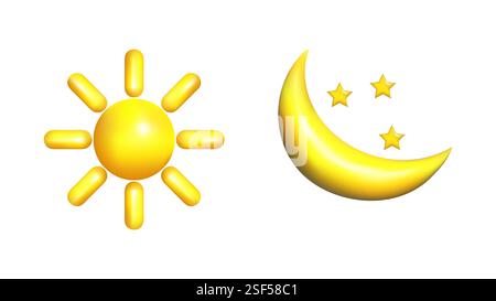 Weather 3d icons realistic isolated vector set. Day and Night. Sun moon. Clear and cloudy. Design weather app web site game logo banner. Meteorology concept. Stock Vector