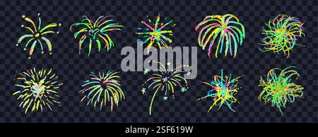 Firework set on black background. Crayon pencil drawing round geometric shapes and swirl. Neon color victory signs collection. Like kid painting hand Stock Vector