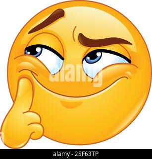 Emoji emoticon with a sly smirk, raised eyebrows, and a finger resting on its cheek, exuding mischief, playful scheming or thinking Stock Vector