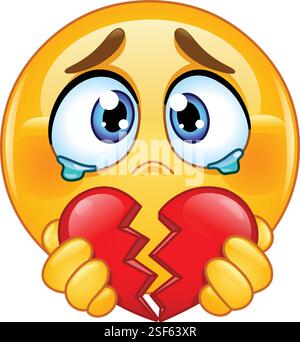 Sad emoji emoticon with teary eyes holding a broken red heart Stock Vector