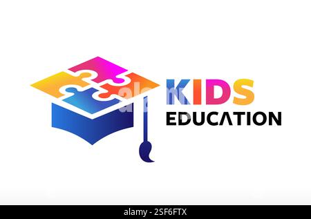 Kids education logo, kids academy logo, children graduation logo, smart kids logo design, eLearning design graduation cap vector Icon symbol Stock Vector
