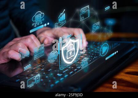 Cyber security and Security password login online concept Hands typing and entering username and password of social media, data protection hacker Stock Photo