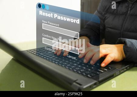 Reset password concept. Lock icon, security code showing on change password page while business person using laptop computer in office. Cyber security Stock Photo