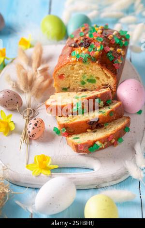 Fresh Fruitcake for Easter as delicious Easter cake. Fruit cake for Easter. Stock Photo