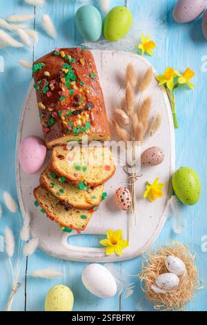 Fresh Fruitcake for Easter as tasty Easter cake. Easter cake with fruits. Stock Photo