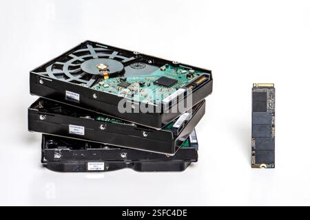The evolution of storage devices. Several different storage media from the last 30 years, collected in one picture. From old to modern. Stock Photo