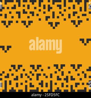 Pixel Art Tetris shapes and abstract bats. Halloween Top and Bottom Frame border in orange and dark. copy space Isolated Vector illustration Greeting or invitation cards or web promo banner, leaflets Stock Vector