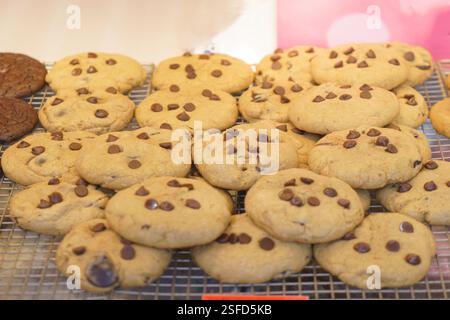 close-up shot of freshly baked chocolate chip cookies with a soft, chewy texture. These sweet treats, displayed at a bakery stall, entice dessert love Stock Photo