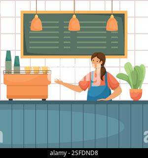 Vector image of a bar with a coffee machine, paper cups, cups and a flower in a pot. Chalkboard with a menu on the wall. A barista girl in an apron at Stock Vector