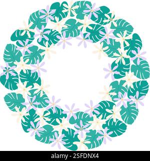 Abstract tropical flowers and Monstera leaves Circular Frame border Exotic Plant Copy space Template. Isolated Vector illustration Thematic cards, poster, leaflet, price tag, label or web promo banner Stock Vector
