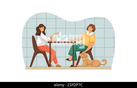 Vector image of a two friends with a dog are sitting at a table drinking coffee and talking. Stock Vector