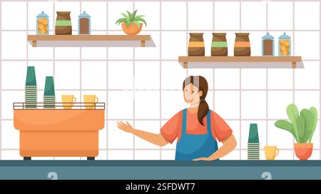 Vector image of a bar with a coffee machine, paper cups and a potted flower. Shelves on the wall with packages of coffee beans and glass jars of biscu Stock Vector