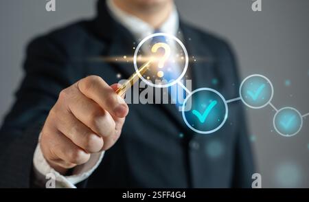 Businessman points to the next unfulfilled task item. Investigation chain, roadmap plan. Workflow management. Task prioritization. Project tracking, o Stock Photo
