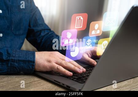 Man working on laptop. Workflow, business innovations and network software ecosystems. Digital marketing. Remote business solutions. Cloud computing, Stock Photo