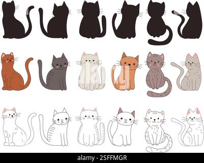 Set of flat illustration of cats isolated on white background, vector ...
