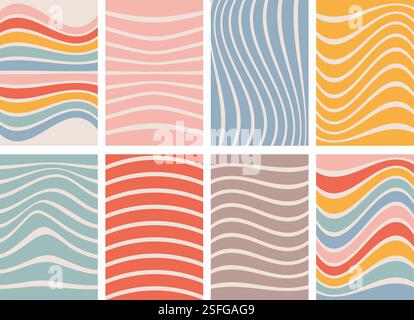 Groovy Hippie Wave Stripe Background. Hand Drawn Striped Rectangle Templates. Distorted Uneven Stripes, Warped Streaks, Fluid Liquid Wavy Lines, Waves Stock Vector