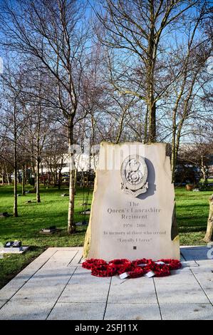 Fylde Memorial arboretum and  community woodland. Queen's Lancashire Regiment stone Stock Photo