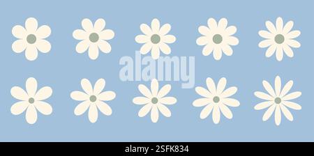 Vector flat style collection of colorful flowers. Floral pattern features whimsical daisies on soft blue background. Perfect for textiles, wallpapers Stock Vector
