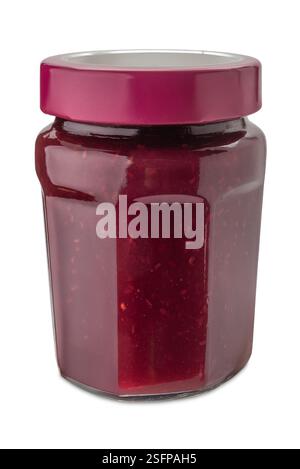 Raspberry jam in glass jar with yellow cap isolated on white with clipping path included Stock Photo
