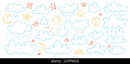 Pastel crayon clouds. Cute happy childish chalk clouds, naive Sun Moon sky weather chalky elements, doodle hand drawn sketch elements for kids design. Stock Vector